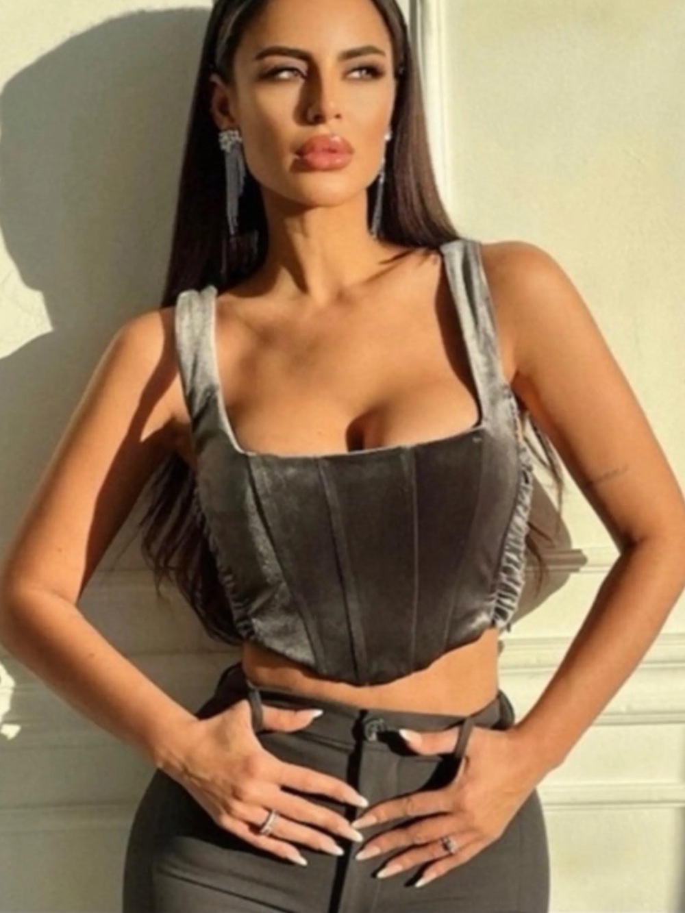 Zara Charcoal Gray Velvet Corset Crop Top